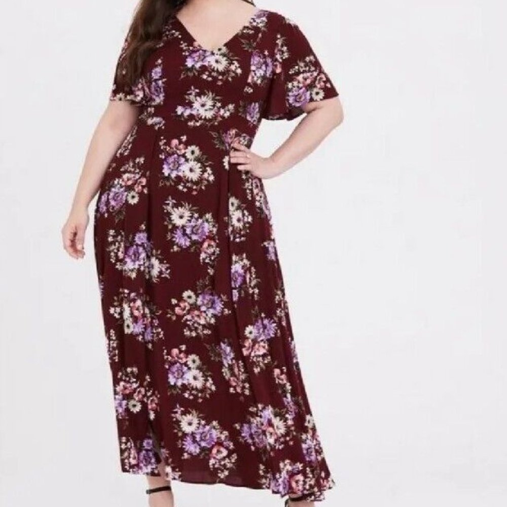 Torrid Red Wine Floral Gauze Short Sleeve Maxi Dress